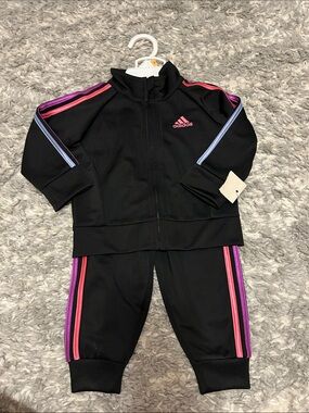 adidas Kids Black Track Jacket & Pants with Pink and Purple Stripes